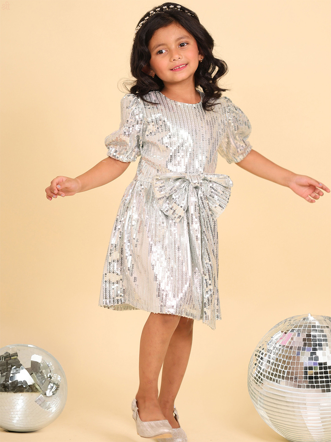 

Little Carrot Girls Sequined Puff Sleeve Net Fit & Flare Dress, Silver