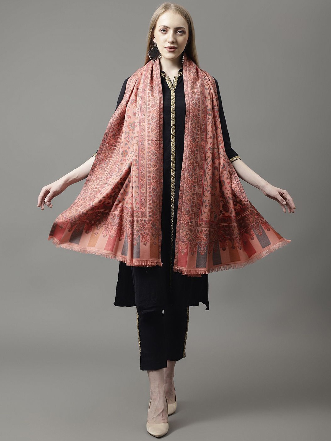 

WEAVERS VILLA Women Floral Printed Shawl, Peach