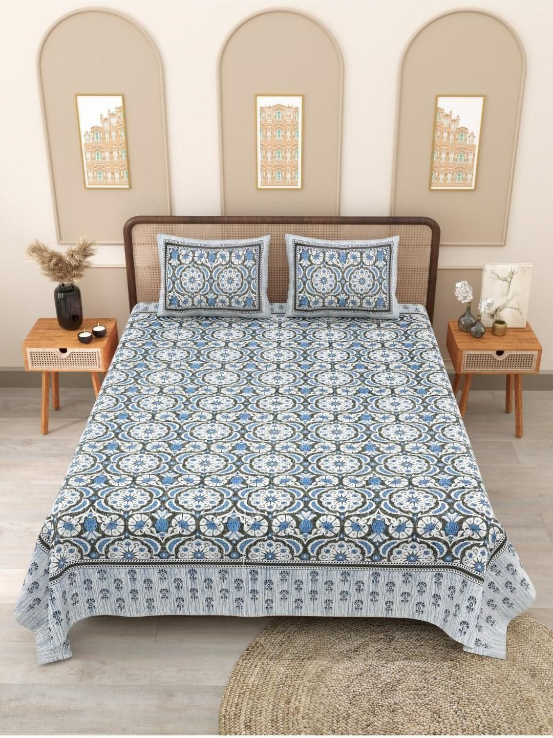 

Block Print Story Blue & White Geometric 210 TC Queen Bedsheet with 2 Pillow Covers