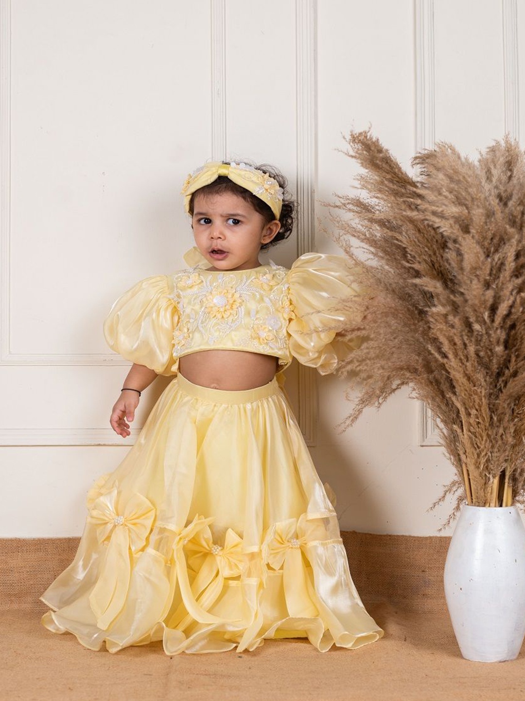 

Li'l Angels Girls Embellished Beads and Stones Organza Ready to Wear Lehenga Choli, Yellow