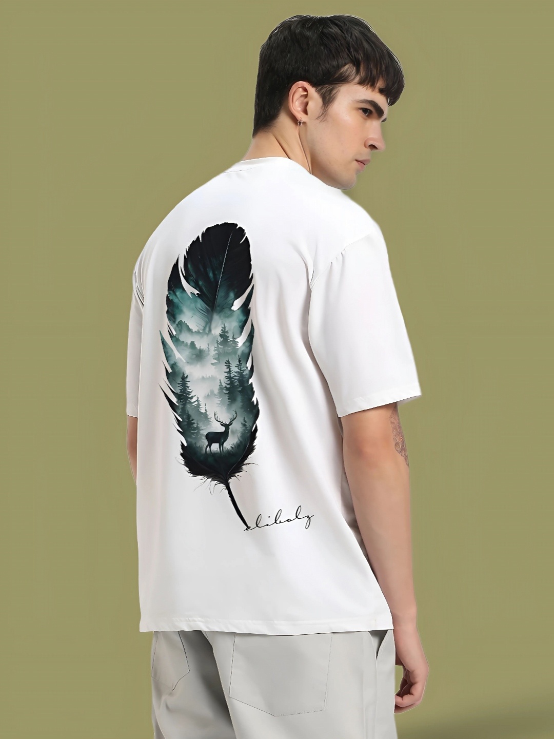 

Elibolz Men Graphic Printed Round Neck Cotton Oversized T-Shirt, White