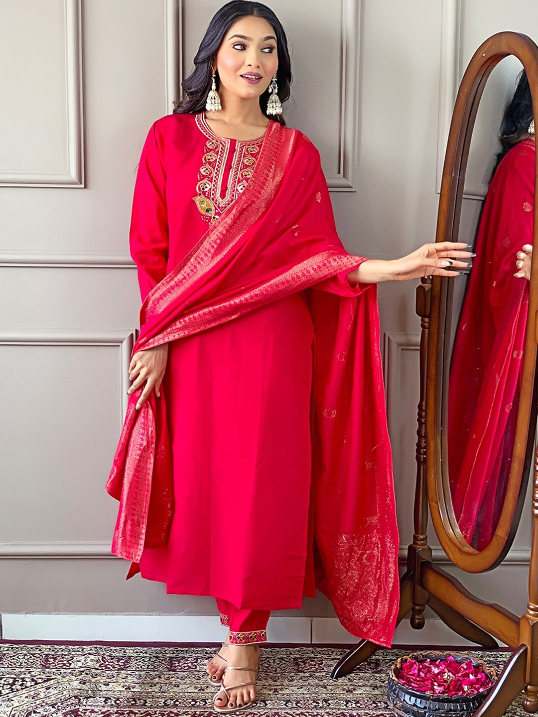 

KALINI Floral Embroidered Kurta with Trousers & Dupatta, Pink