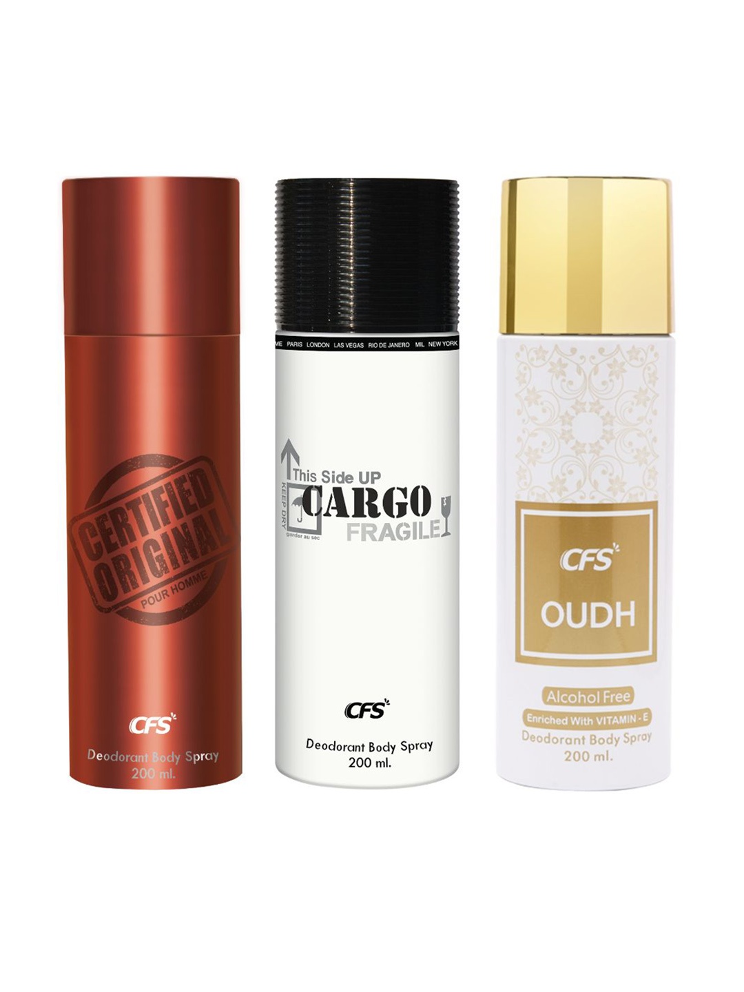 

CFS 3 Pcs Cargo Fragile Oudh & Certified Original Long Lasting Deodorant Spray -200ml Each, White