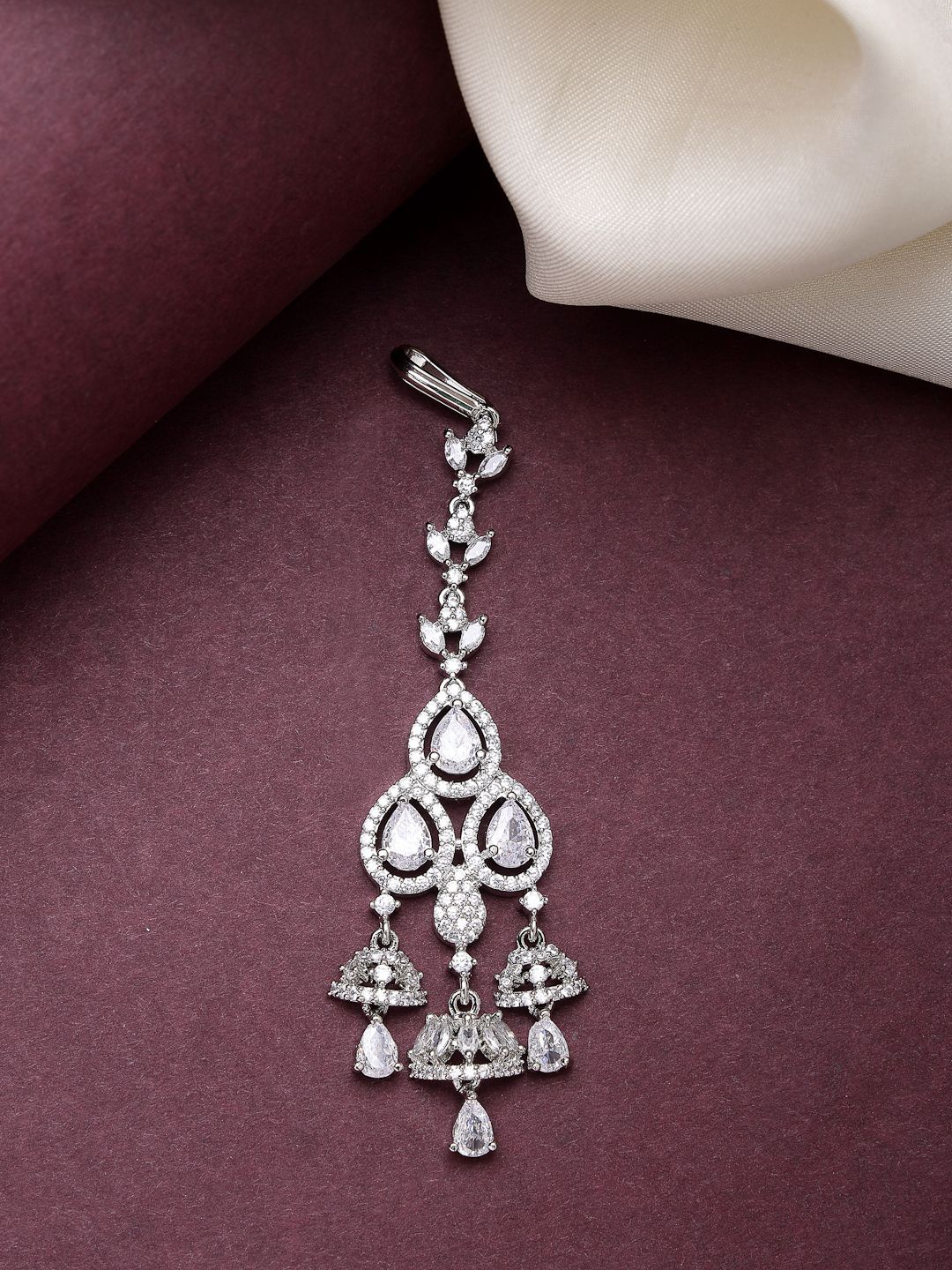 

ZENEME Rhodium-Plated American Diamond Studded Maang Tikka Head Jewellery, Silver