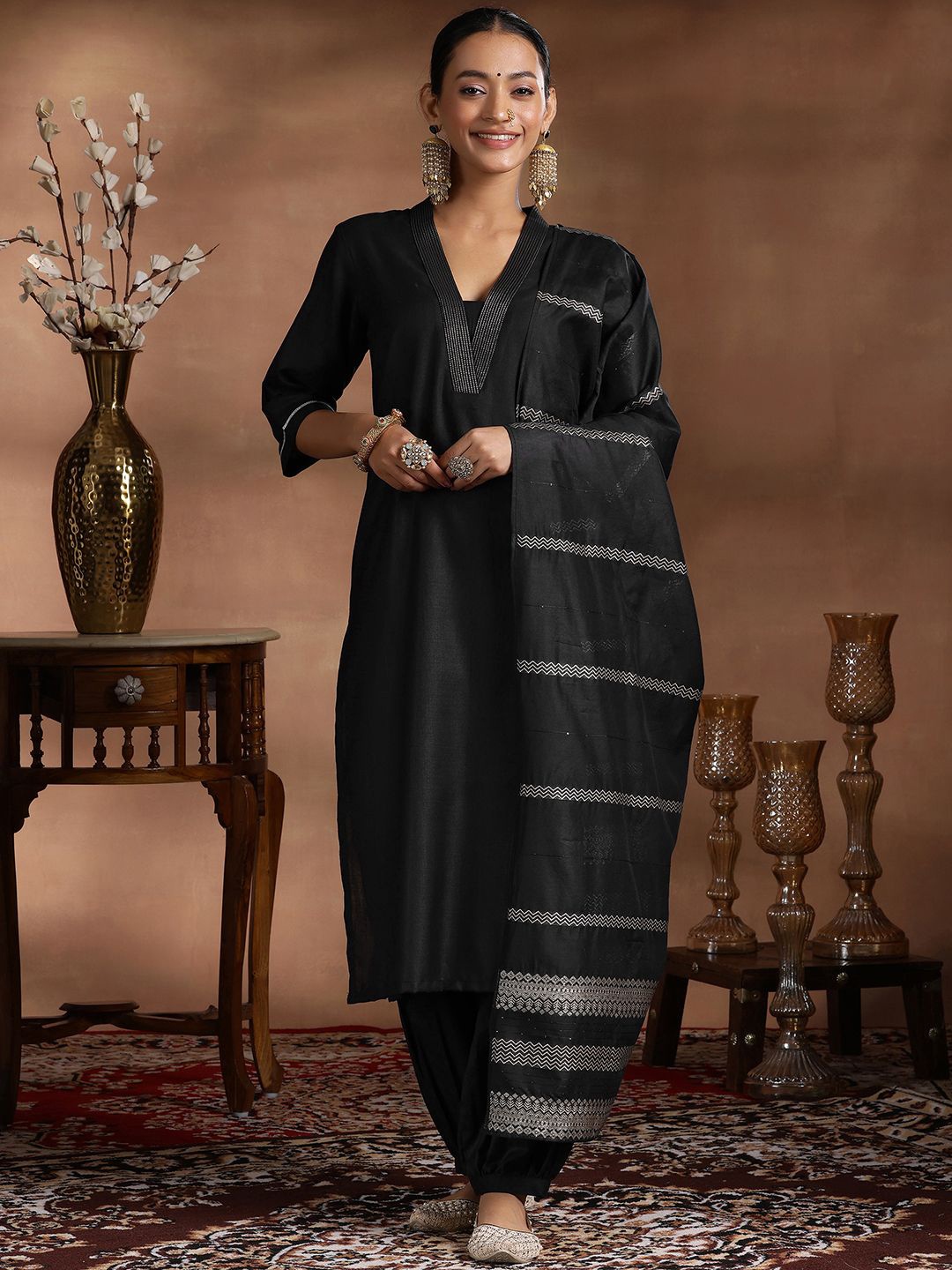 

Libas V-Neck Straight Kurta With Salwar & Dupatta, Black