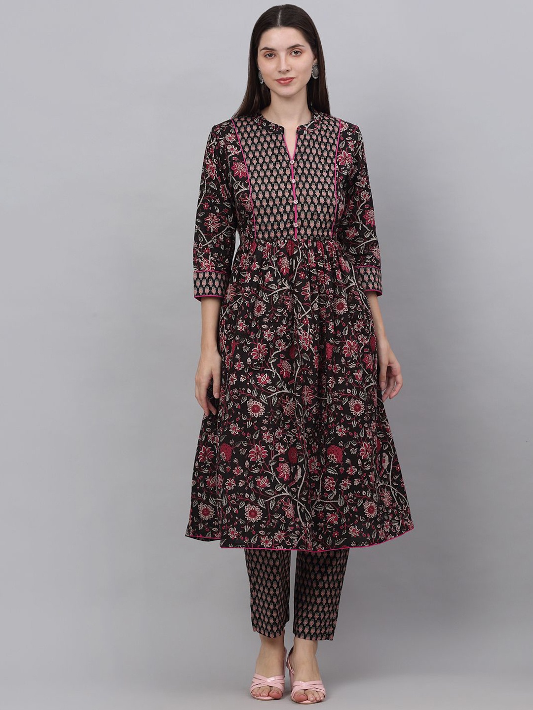 

KALINI Floral Printed Mandarin Collar Cotton Anarkali Kurta With Dupatta, Black
