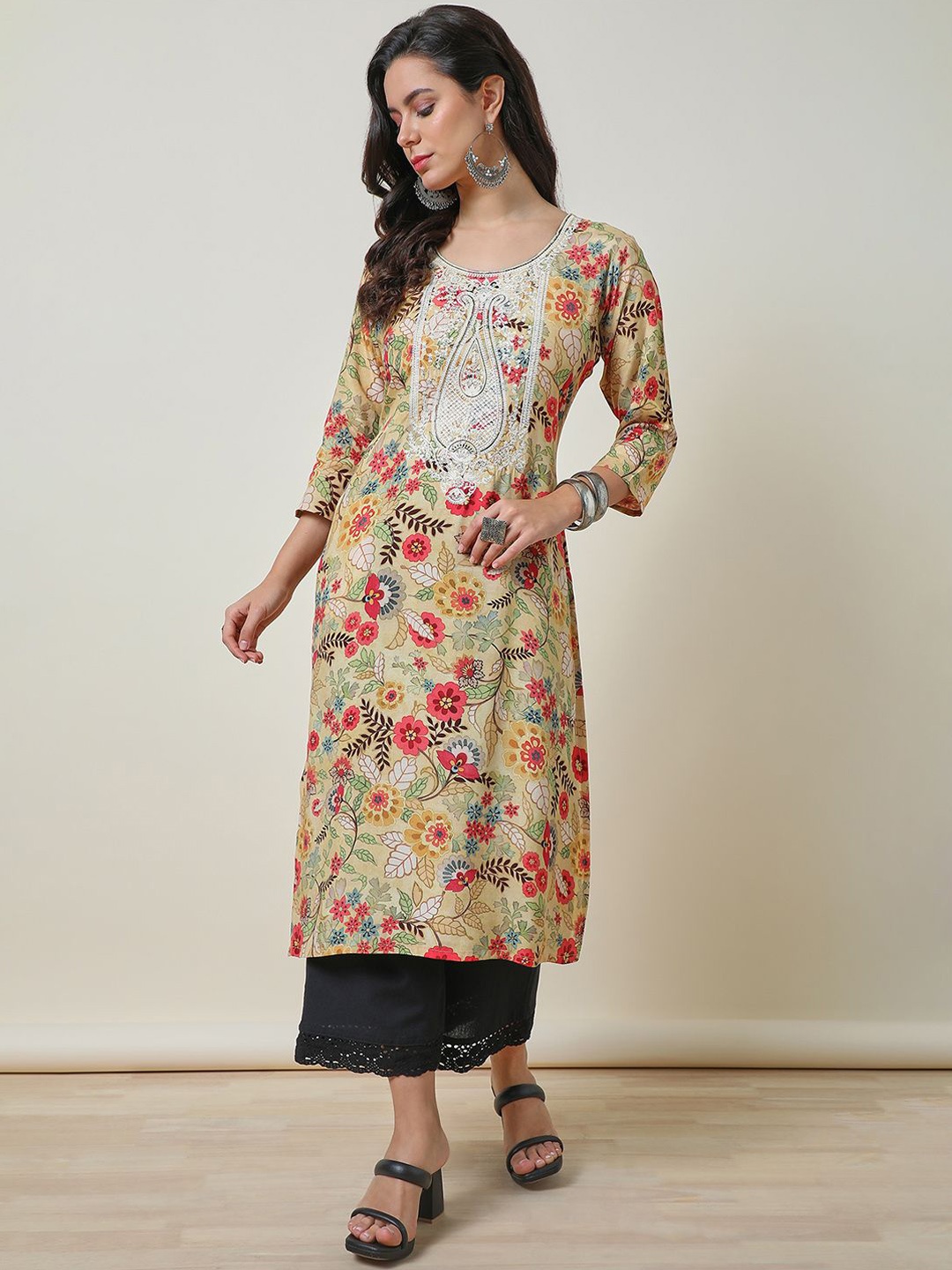 

Soch Yellow Floral Printed Thread Work Straight Kurta