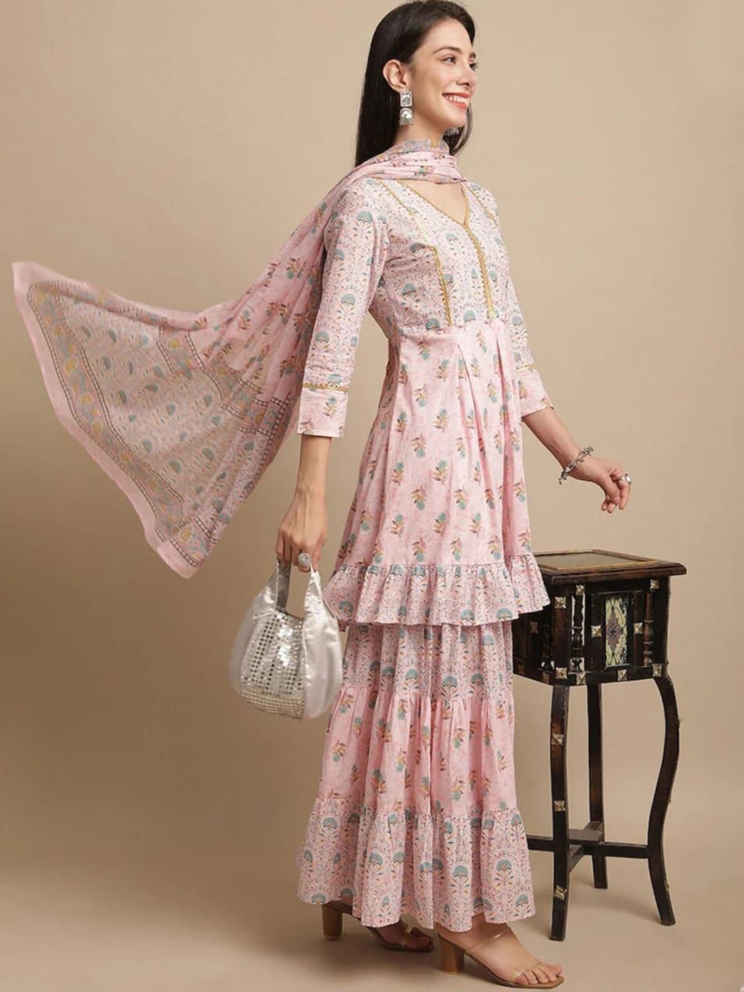 

KALINI Women Floral Printed Mirror Work Pastels Kurta, Pink