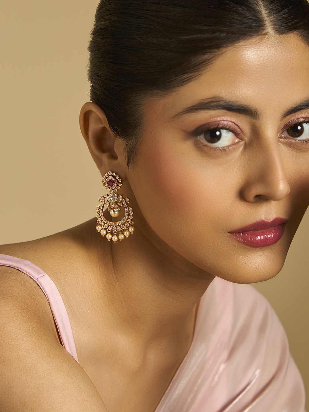 

Kushal's Fashion Jewellery Gold-Plated Cubic Zirconia Classic Chandbali Earrings, Red