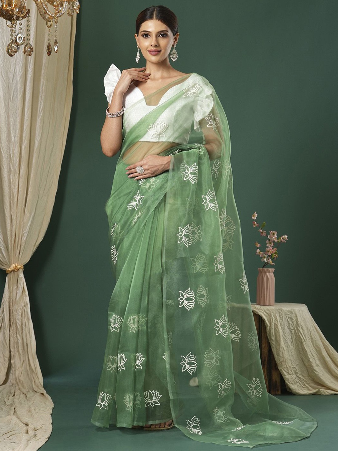 

Saree mall Embroidered Organza Sarees, Green