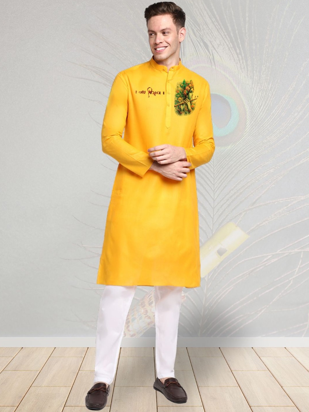 

DEVOILER Shree Krishna Motif Printed Mandarin Collar Cotton Straight Kurta, Yellow