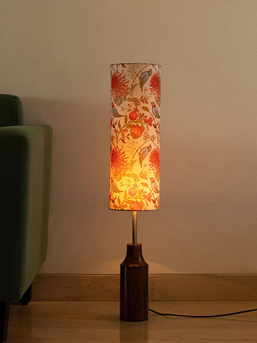 

ExclusiveLane Off White Chirping Birds Printed Contemporary Cylindrical Floor Lamp