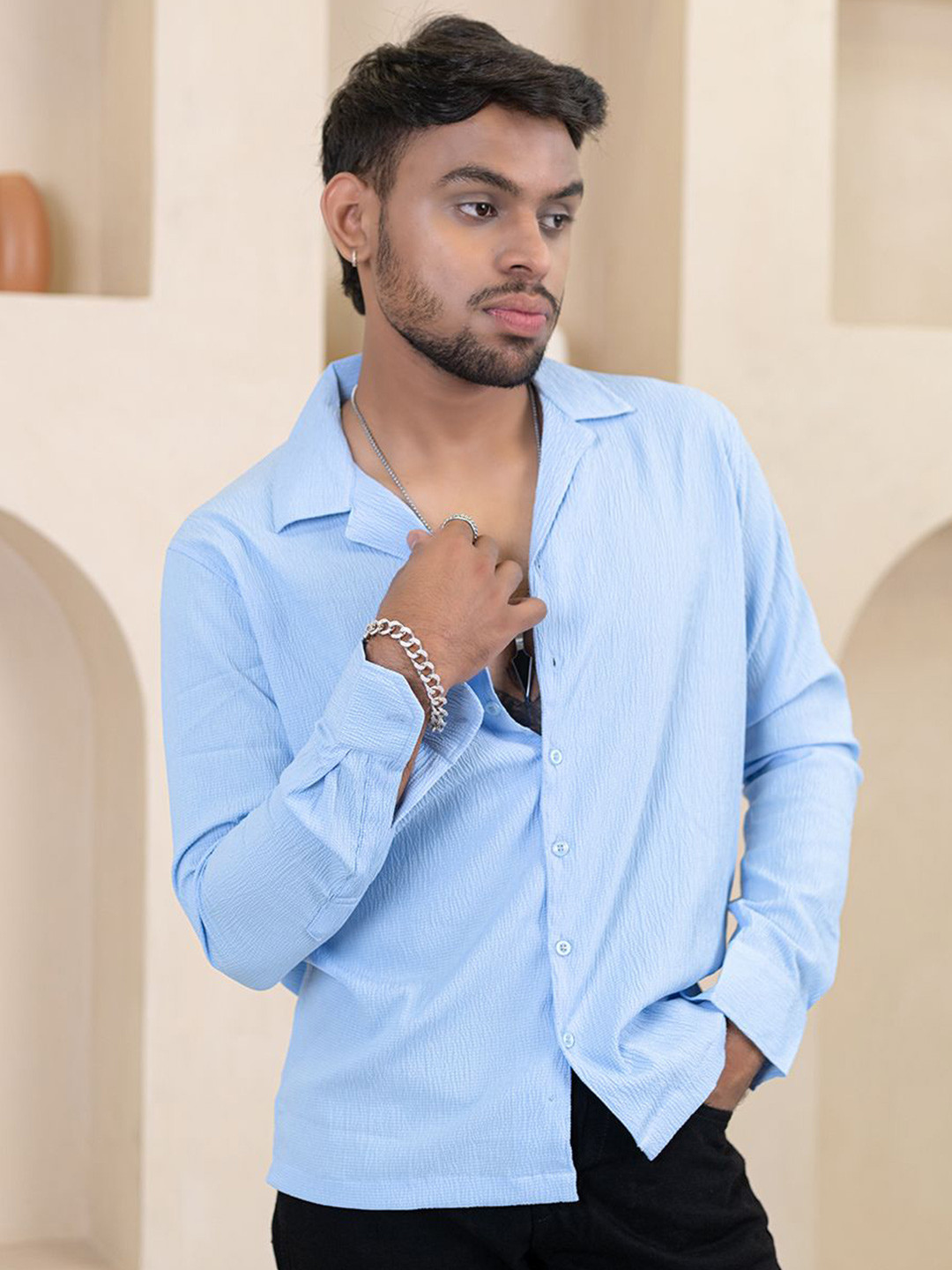 

Tistabene Men Original Cuban Collar Solid Casual Shirt, Blue
