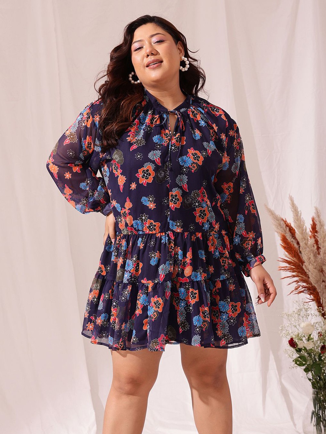 

CURVY STREET Plus Size Floral Printed Tie-Up Neck Chiffon A-Line Mini Dress, Blue