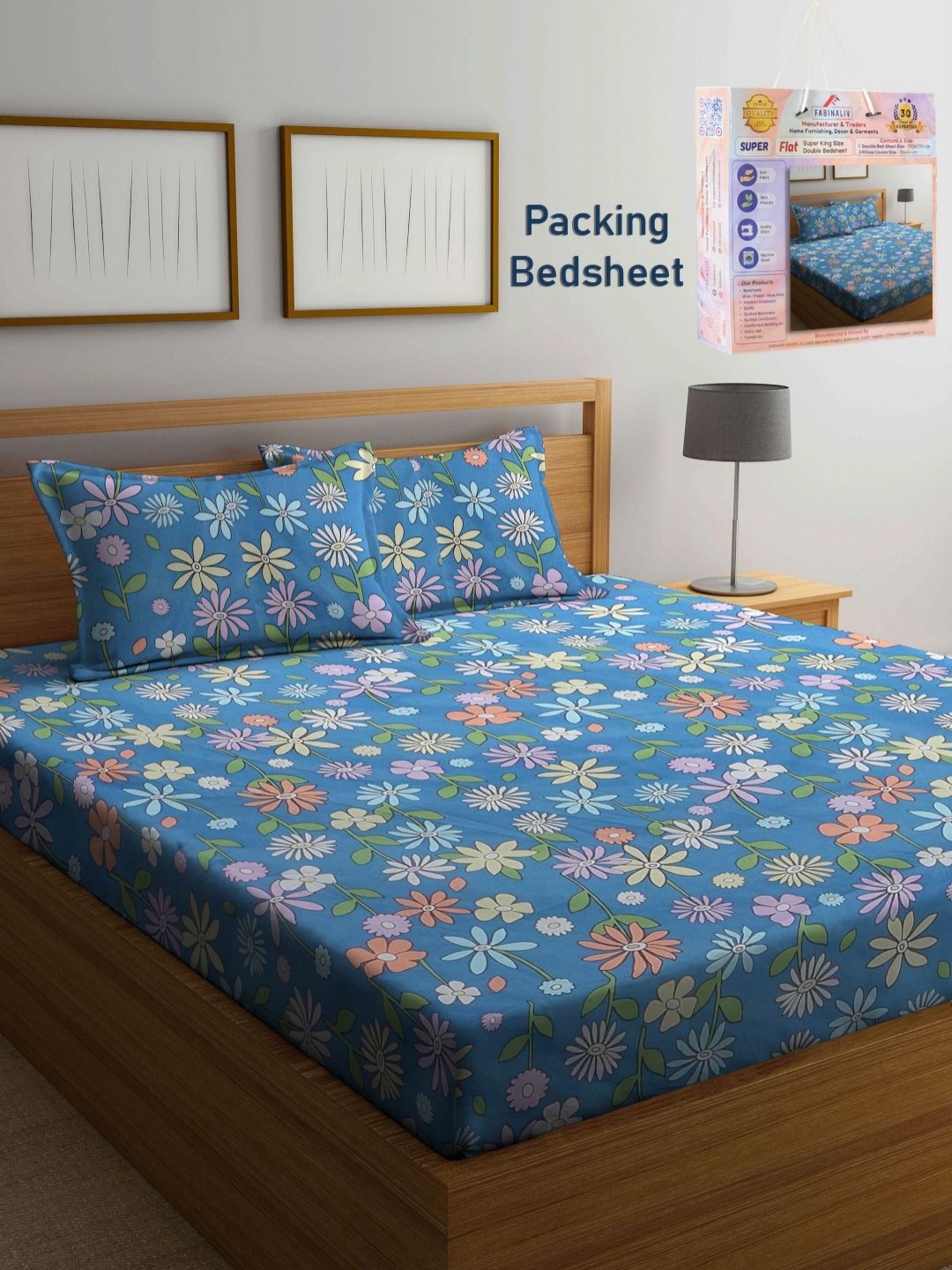 

FABINALIV Blue & Violet Floral 300 TC Double King Bedsheet With 2 Pillow Covers