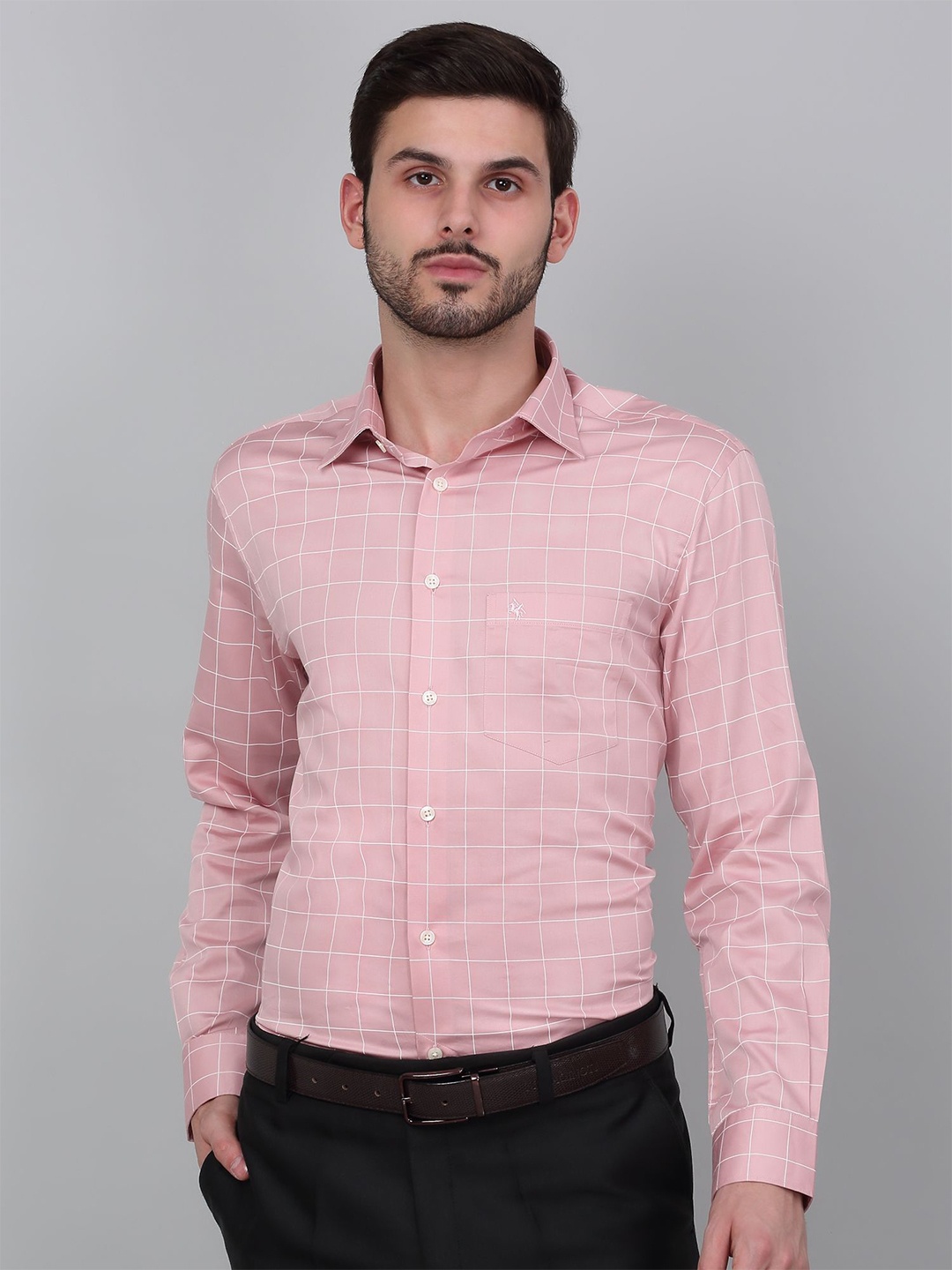 

Cantabil Men Spread Collar Checked Cotton Formal Shirt, Pink