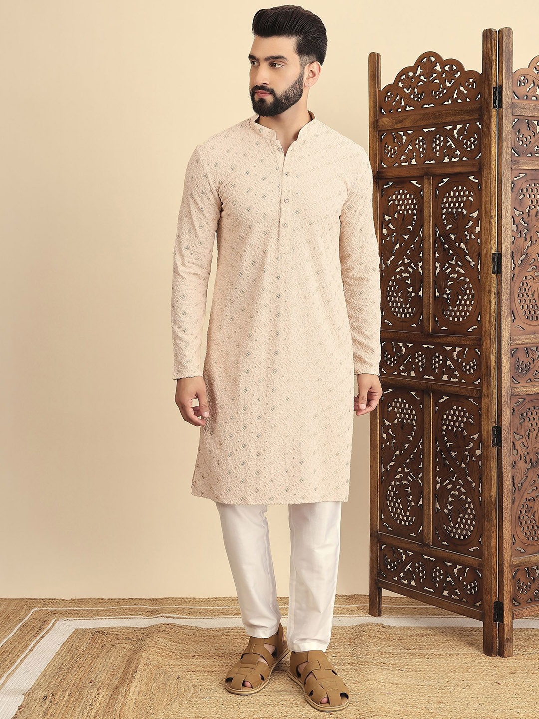 

House of Pataudi Embroidered Straight Kurtas, Cream