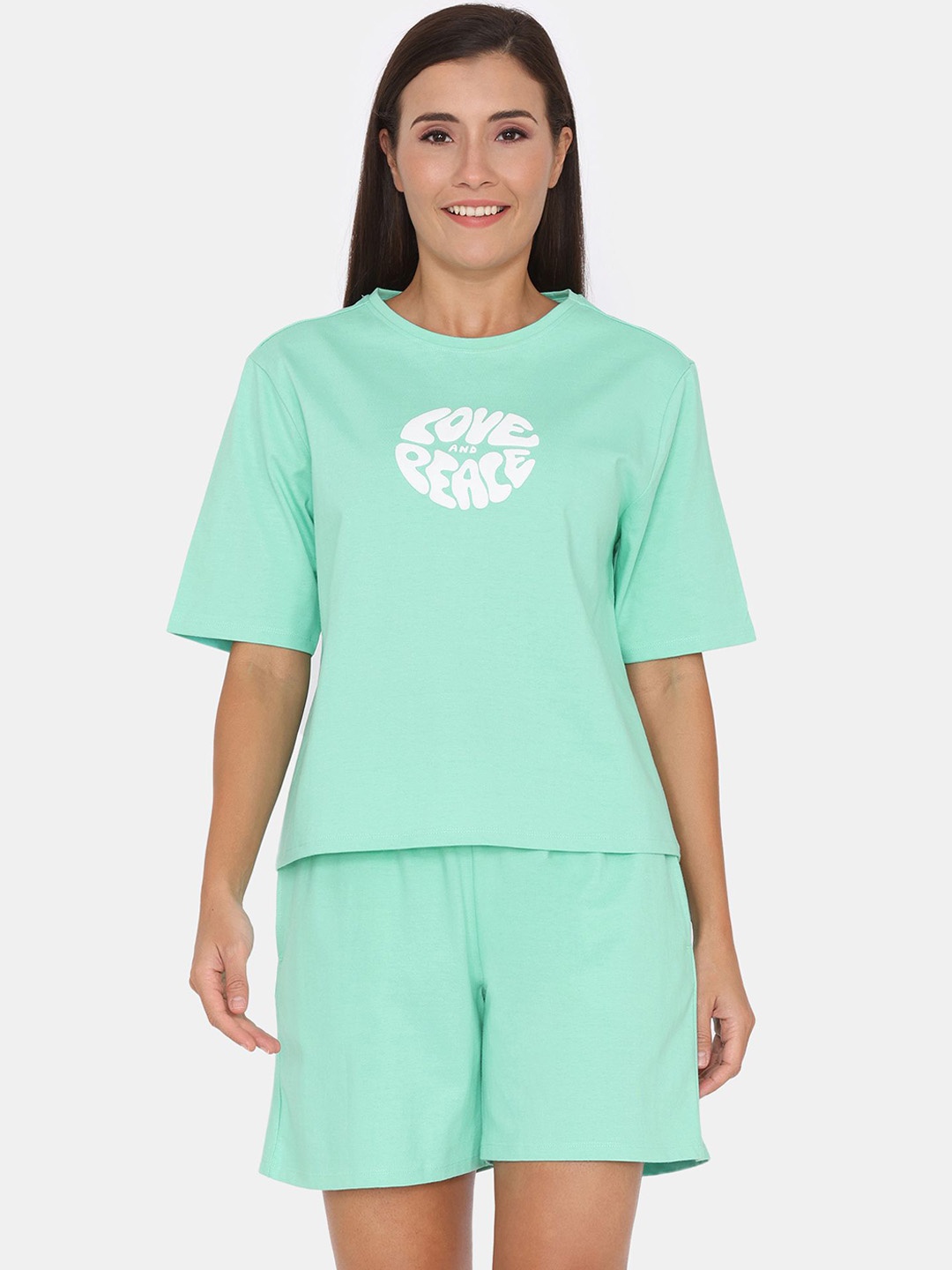 

Zivame Women Typography Printed Round Neck Night suit, Green
