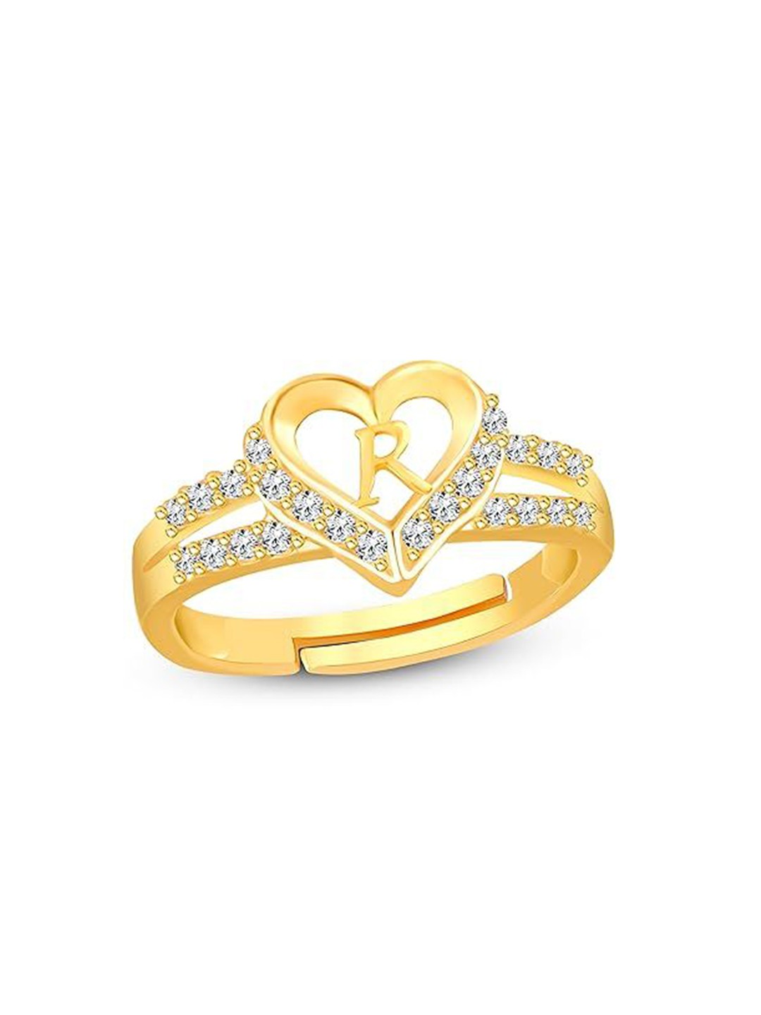 

Lila Gold-Plated Cubic Zirconia-Studded Heart Alphabet R Adjustable Finger Ring