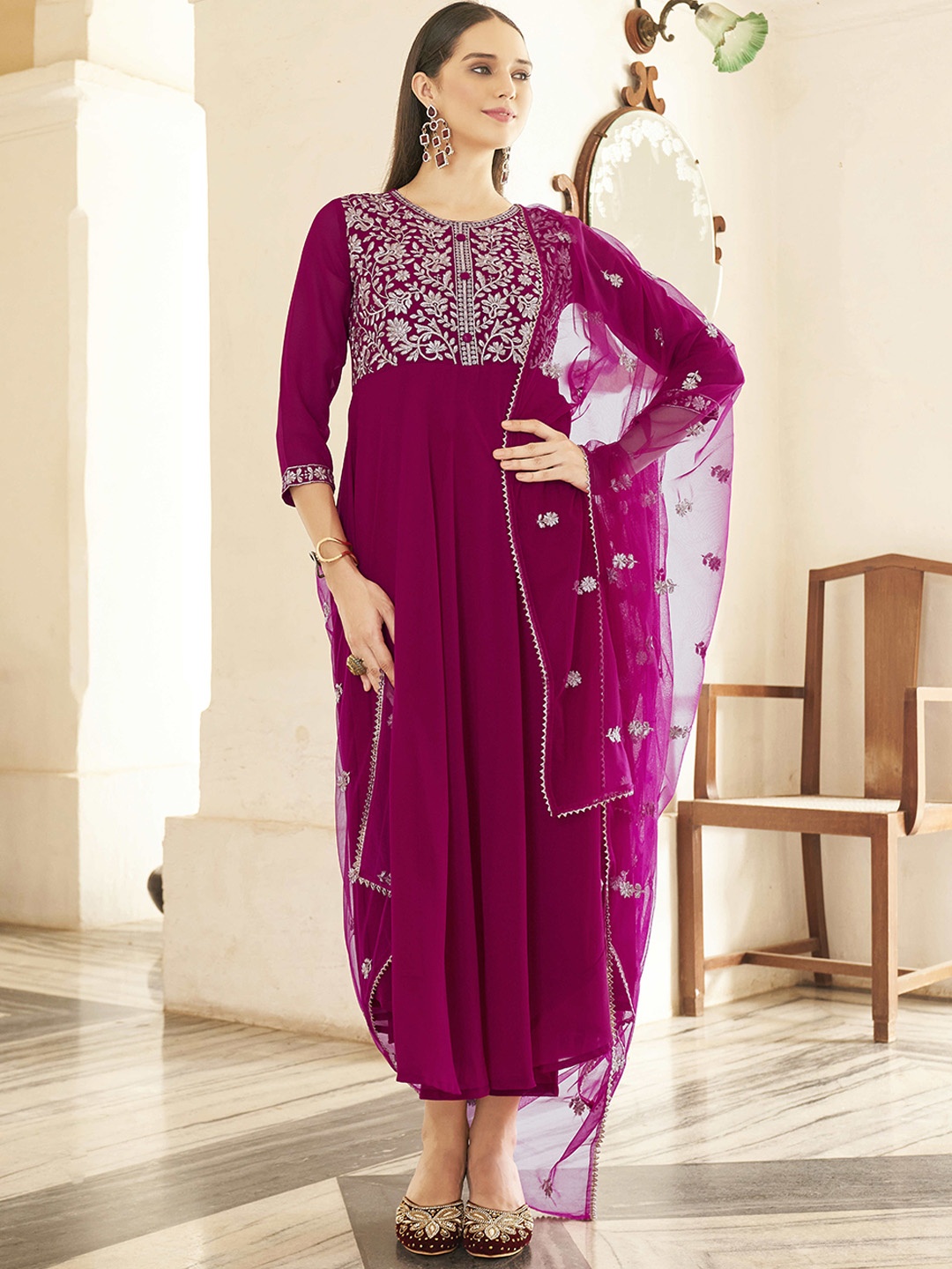

Tikhi Imli Floral Embroidered Yoke Design Kurta With Trousers & Dupatta, Magenta