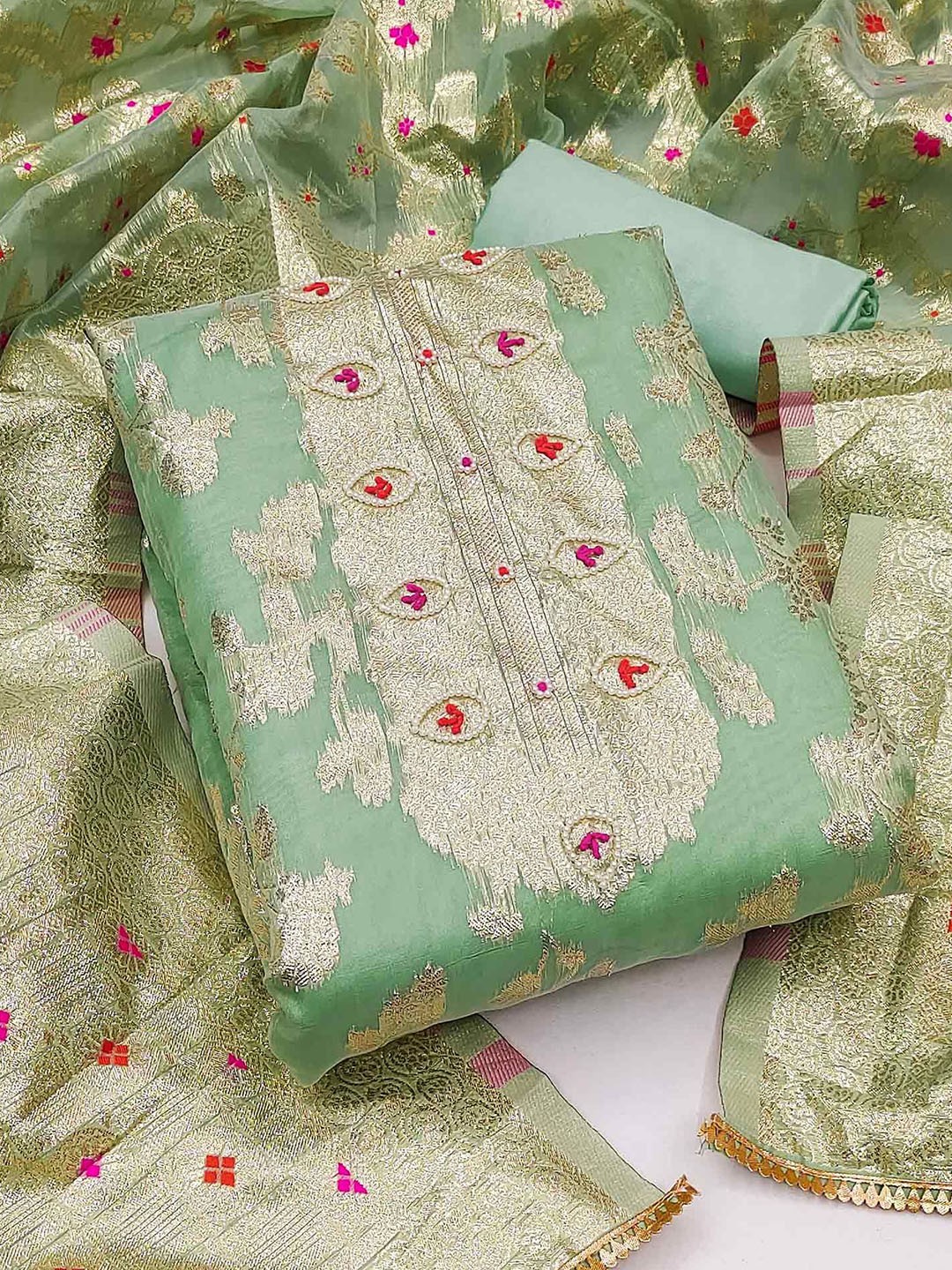 

Peachmode Floral Woven Design Zari Unstitched Dress Material, Green