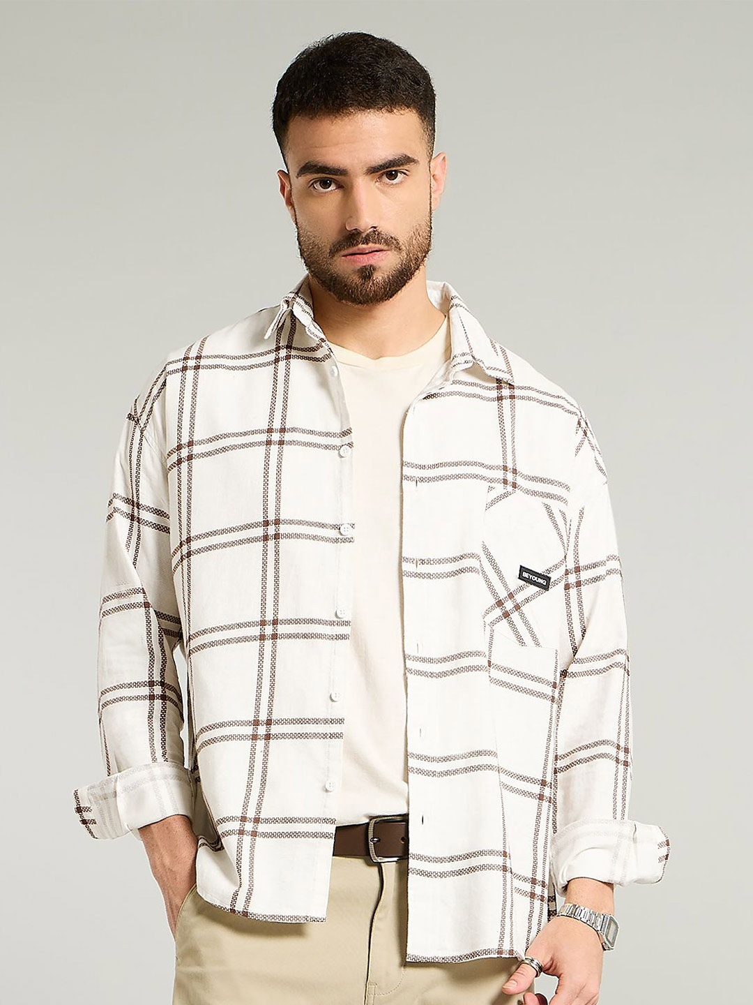 

Beyoung Men Opaque Windowpane Checked Casual Shirt, Brown