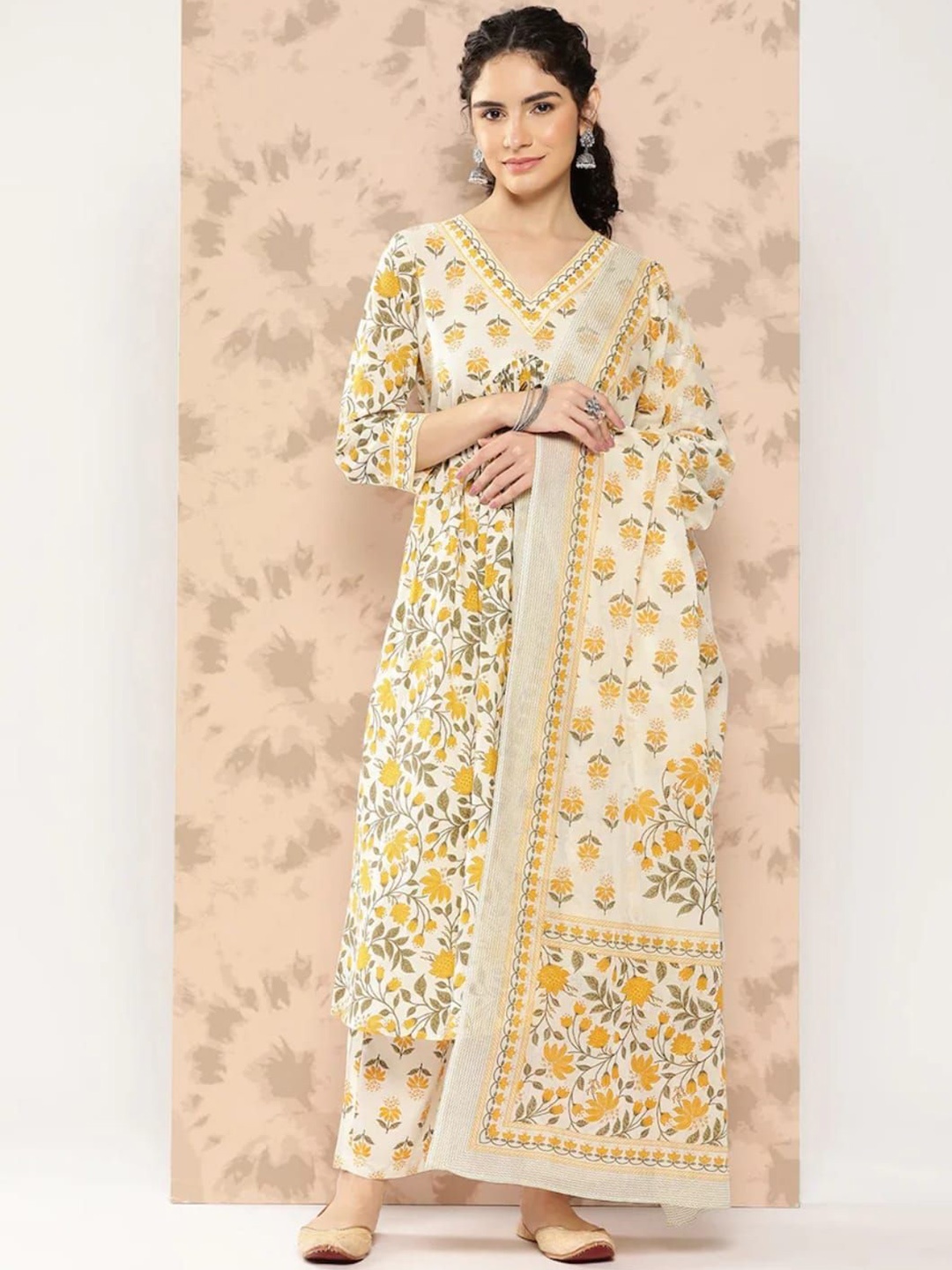 

KALINI Floral Printed V-Neck Pleated Cotton A-Line Kurta With Dupatta, Yellow