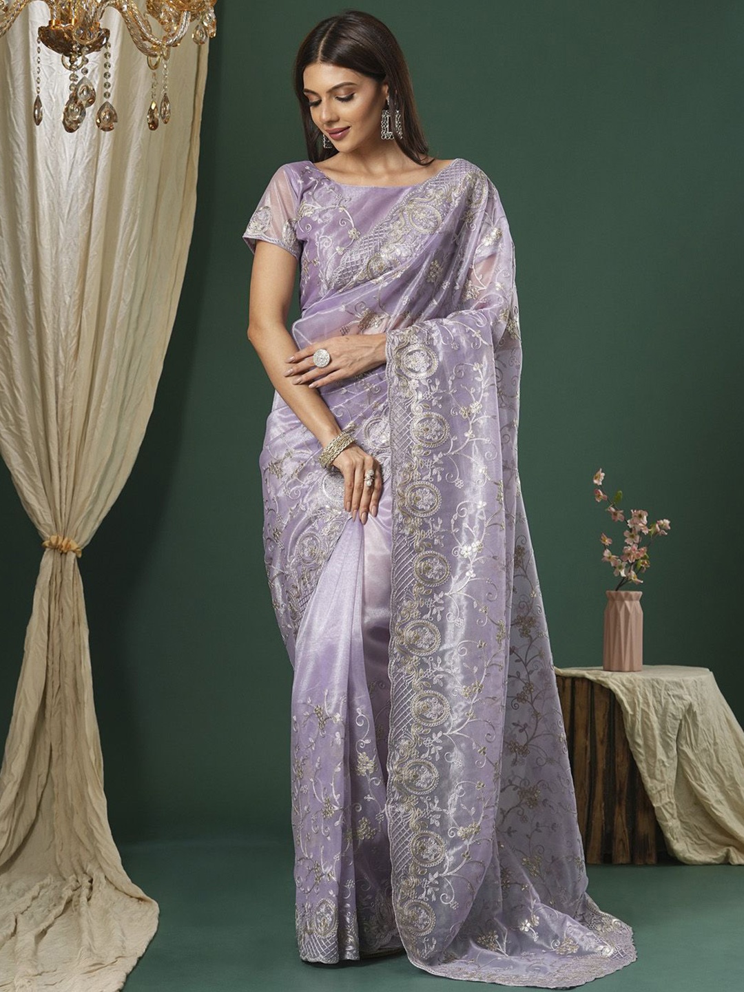 

Saree mall Embroidered Embellished Organza Saree, Lavender