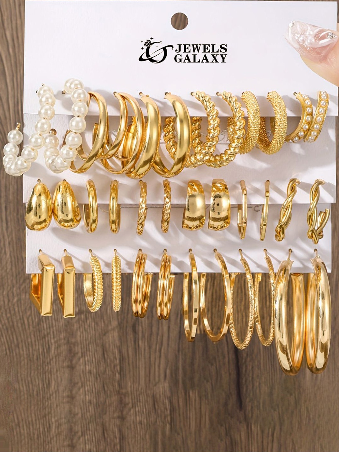 

Jewels Galaxy Set Of 18 Gold Plated Pearl Beaded Contemporary Half Hoop Earrings