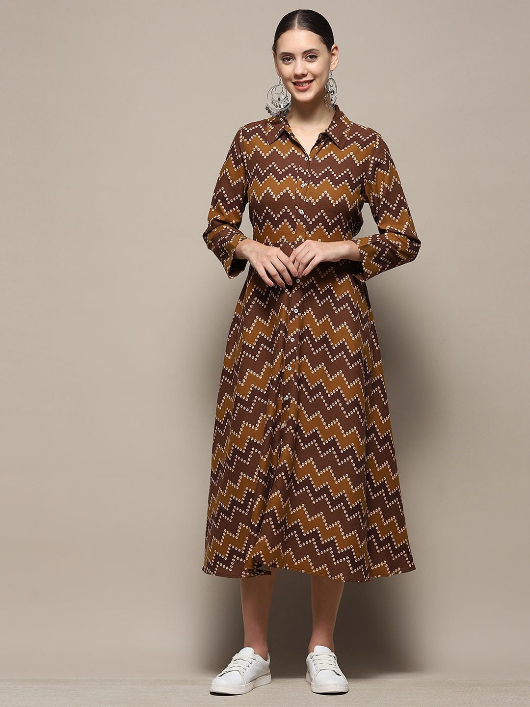 

Biba Geometric Printed Shirt Midi Dress, Brown