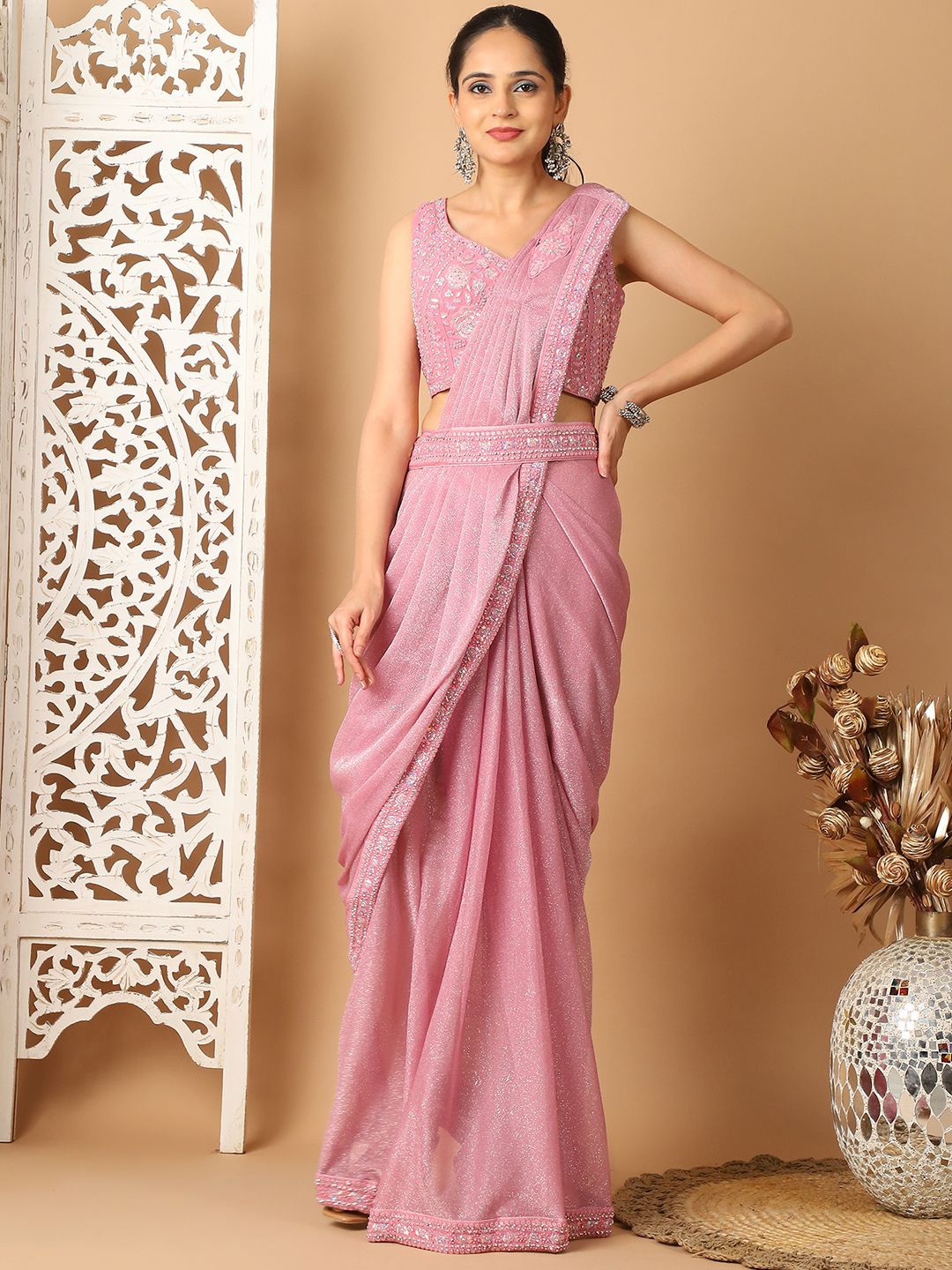 

Grancy Ready to Wear Lycra Saree, Pink