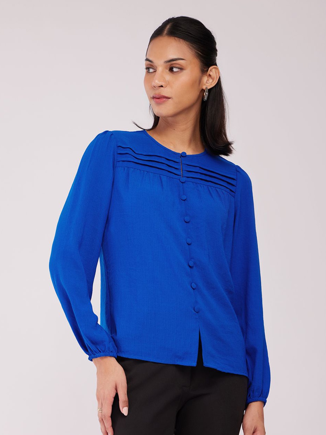 

FableStreet Women Solid Opaque Woven Top, Blue