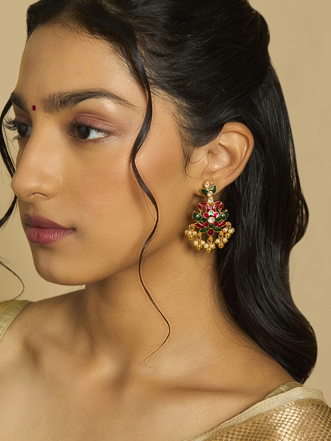 

Kushal's Fashion Jewellery Gold-Plated Ethnic Drop Earrings, Red