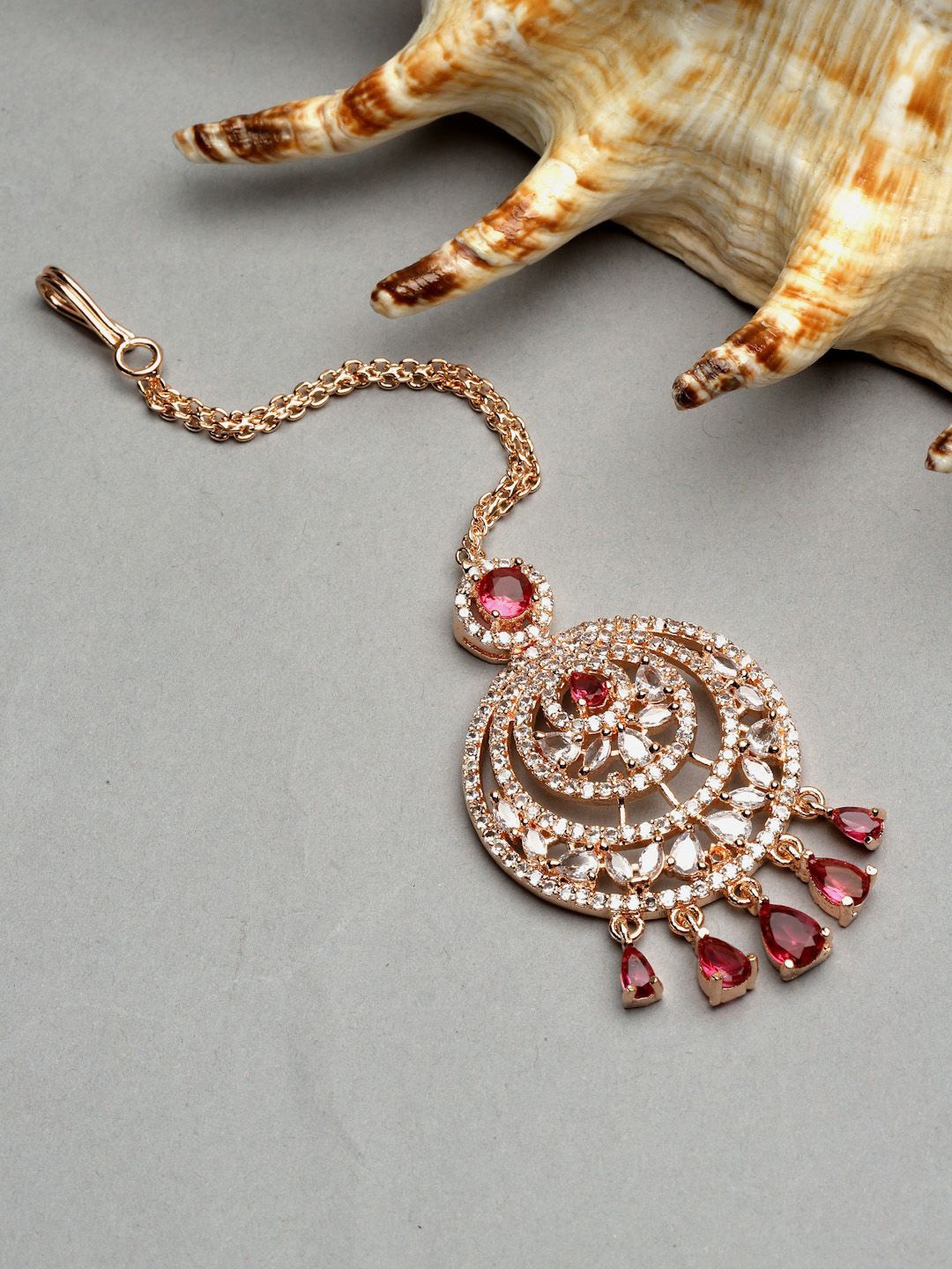 

ZENEME Rose Gold-Plated American Diamond Studded Maang Tikka Head Jewellery