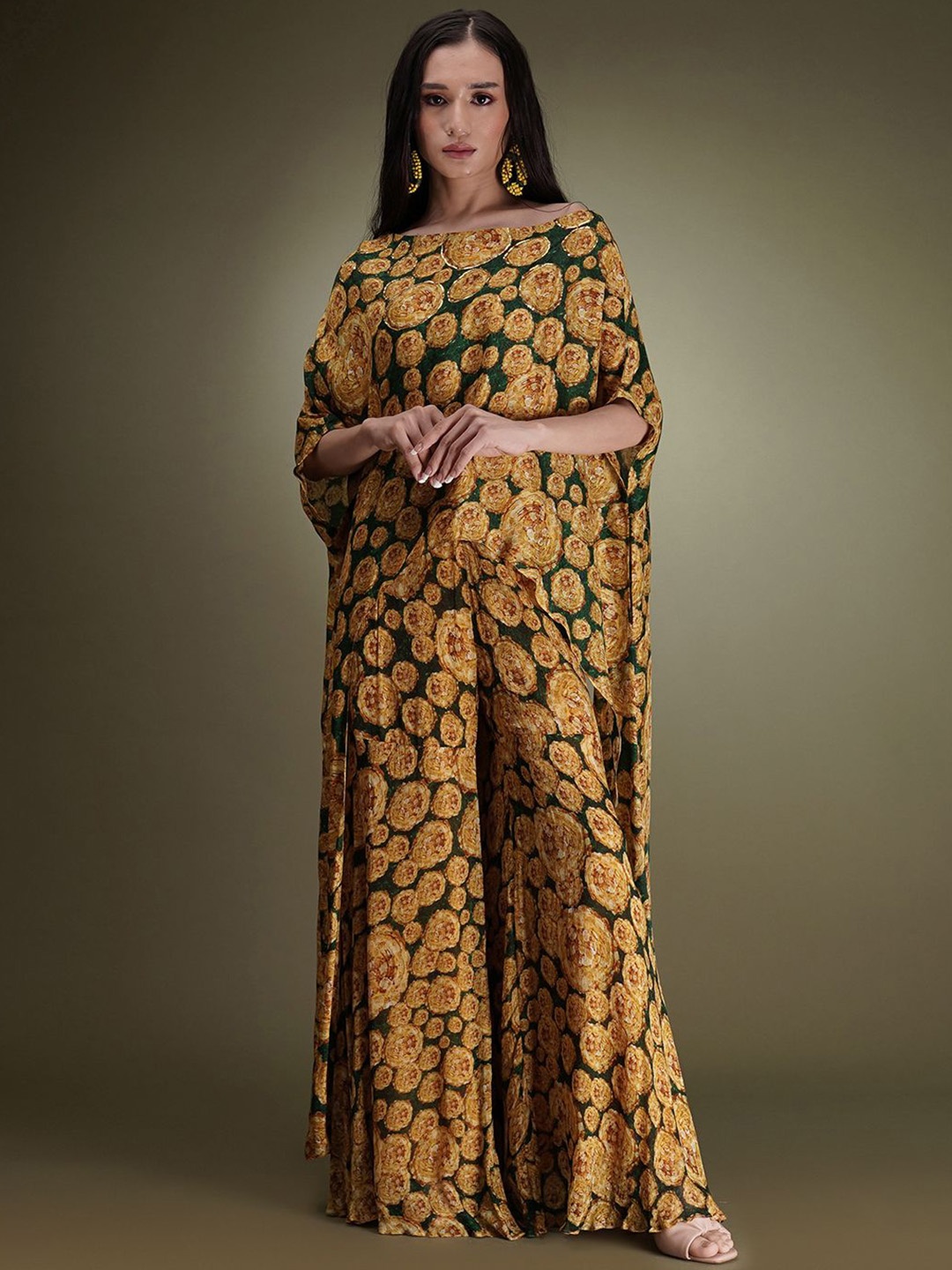 

Breathe by Aakanksha Singh Floral Printed Boat Neck Silk Georgette Top With Palazzo, Mustard