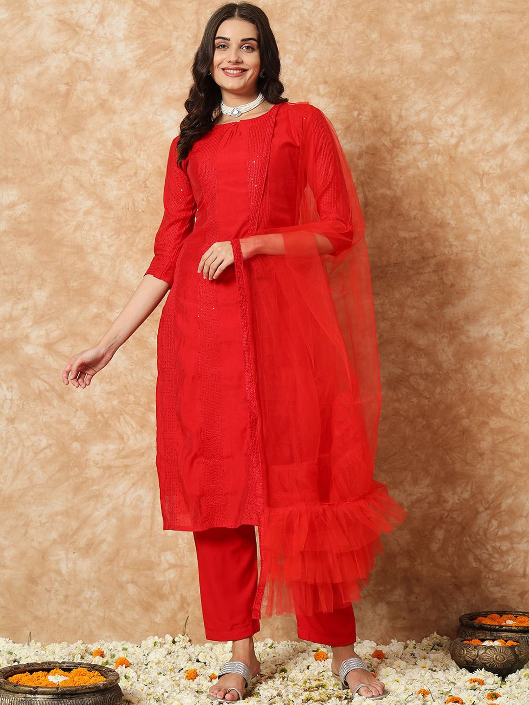 

KALINI Women Embroidered Regular Sequinned Kurta with Trousers & With Dupatta, Red