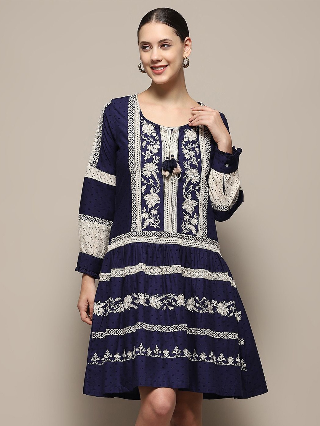 

Biba Ethnic Motifs Print Tie-Up Neck A-Line Dress, Blue