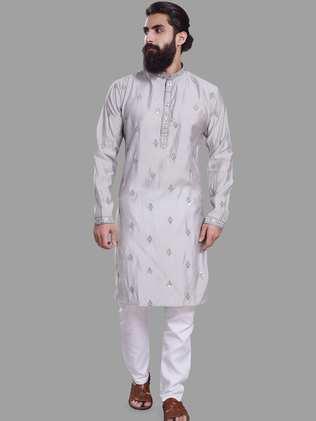 

DIVISIVE Floral Embroidered Band Collar Cotton Silk Straight Kurta, Grey