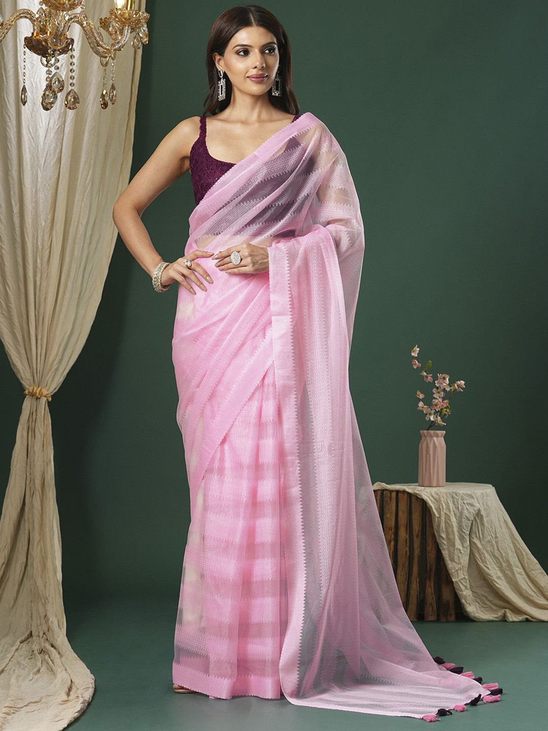 

Saree mall Striped Net Sarees, Pink