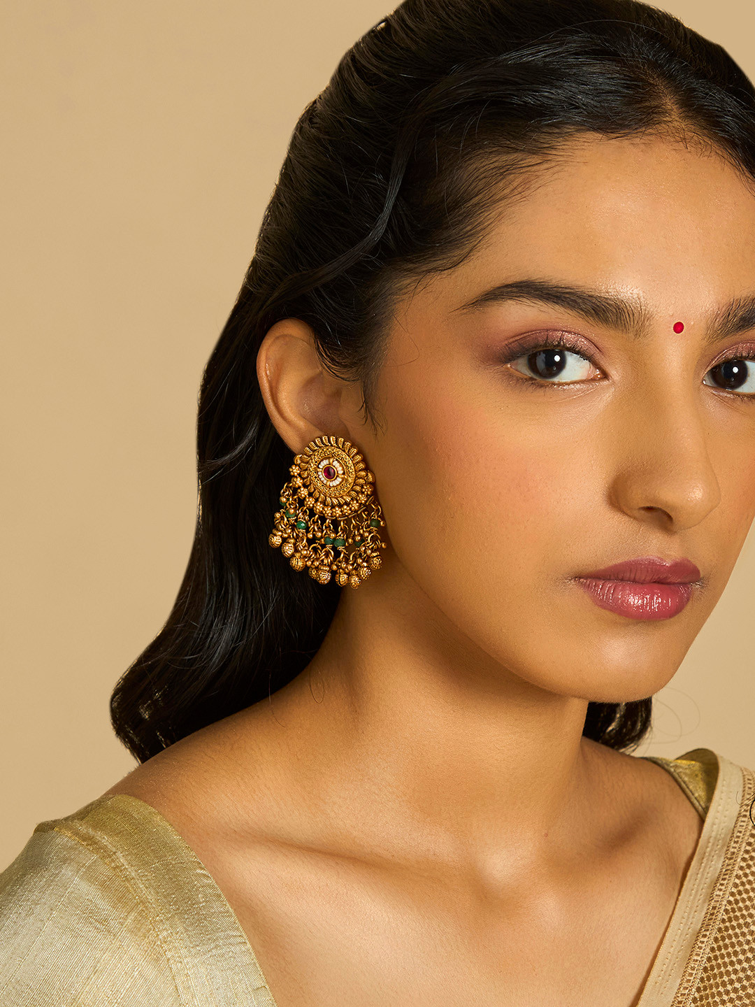 

Kushal's Fashion Jewellery Gold-Plated Beaded Circular Antique Drop Earrings