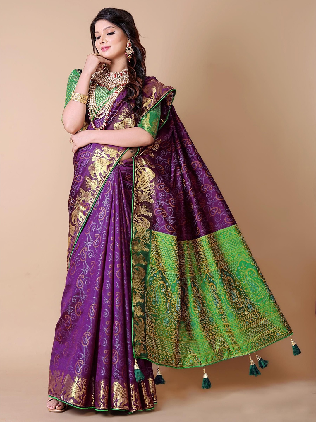 

AKSH FASHION Woven Design Zari Patola Saree With Blouse Piece, Purple