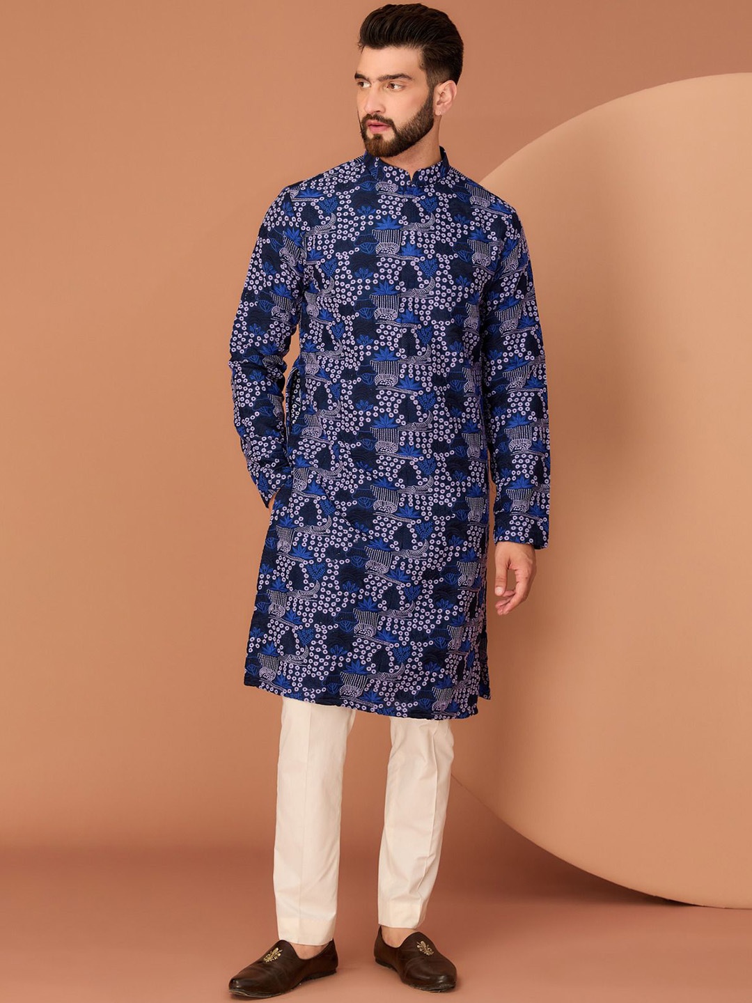 

KASBAH CLOTHING NISHCHAIY SAJDEH Ethnic Motifs Printed Silk Straight Kurta, Blue