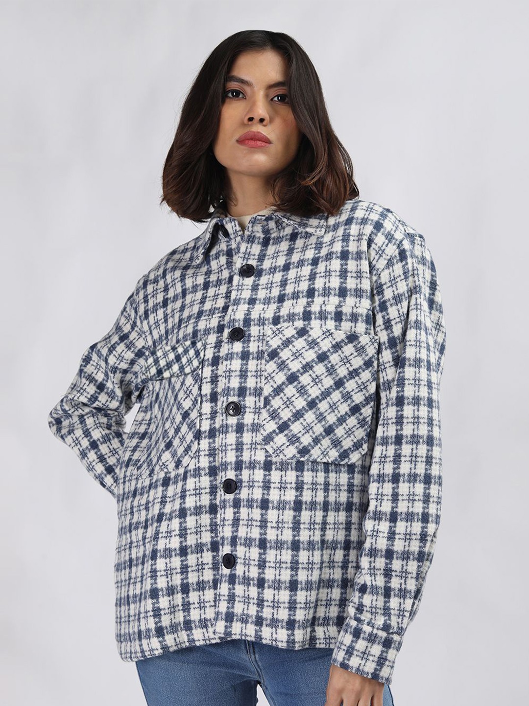 

CHKOKKO Checked Spread Collar Single Breasted Shacket Coats, White