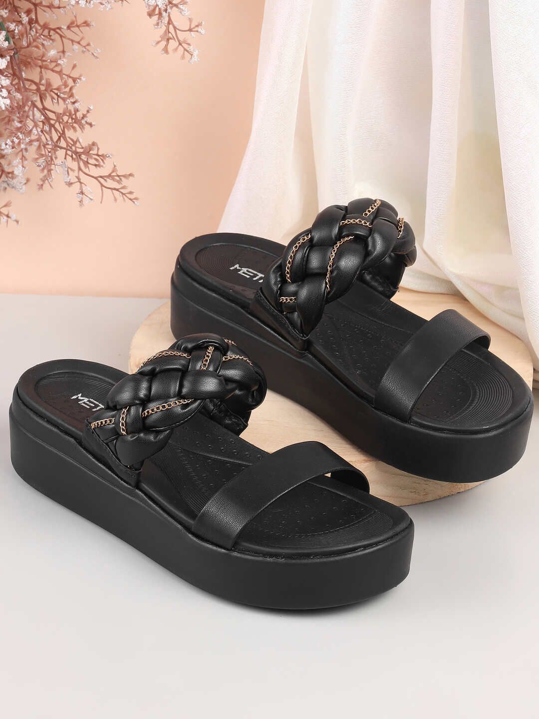 

Metro Embellished Braided Wedge Sandals, Black