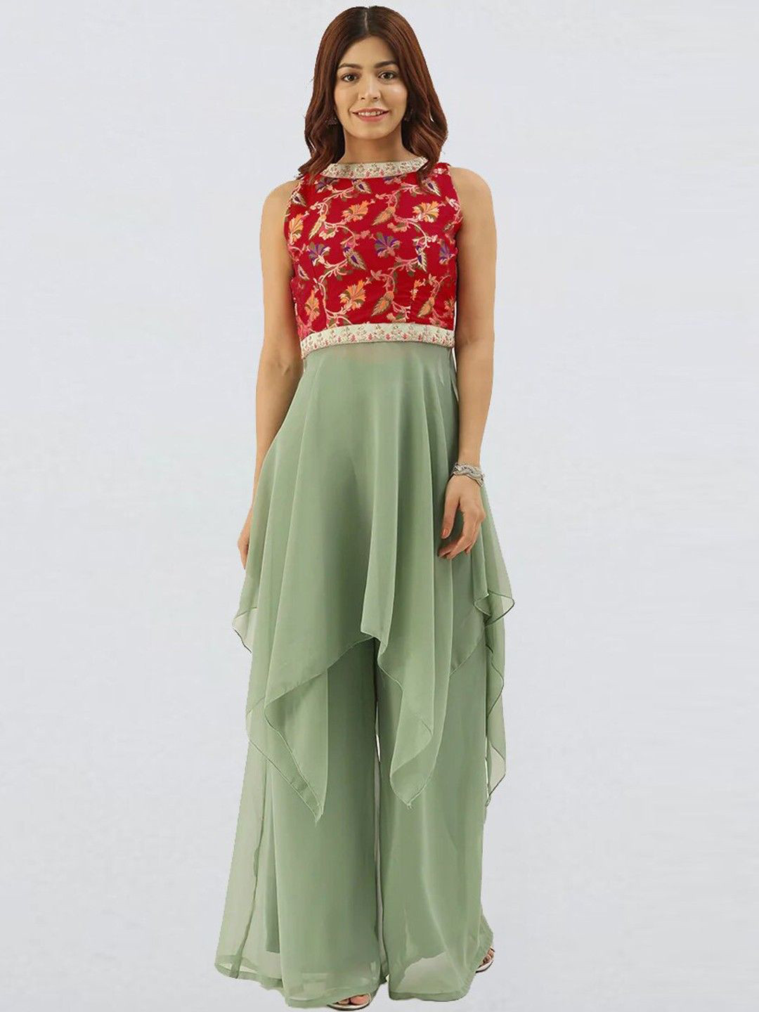 

Ethnovog Floral Woven Design Asymmetric A-line Kurta With Palazzos, Green