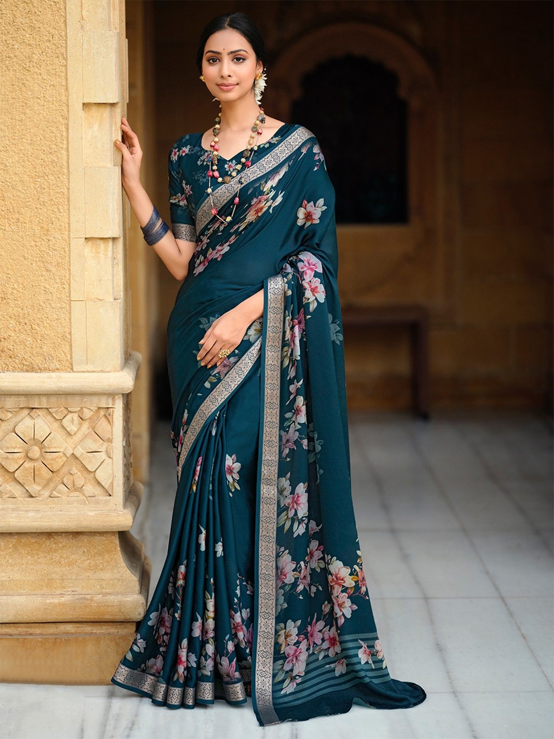 

Mitera Printed Floral Zari Satin Saree, Teal