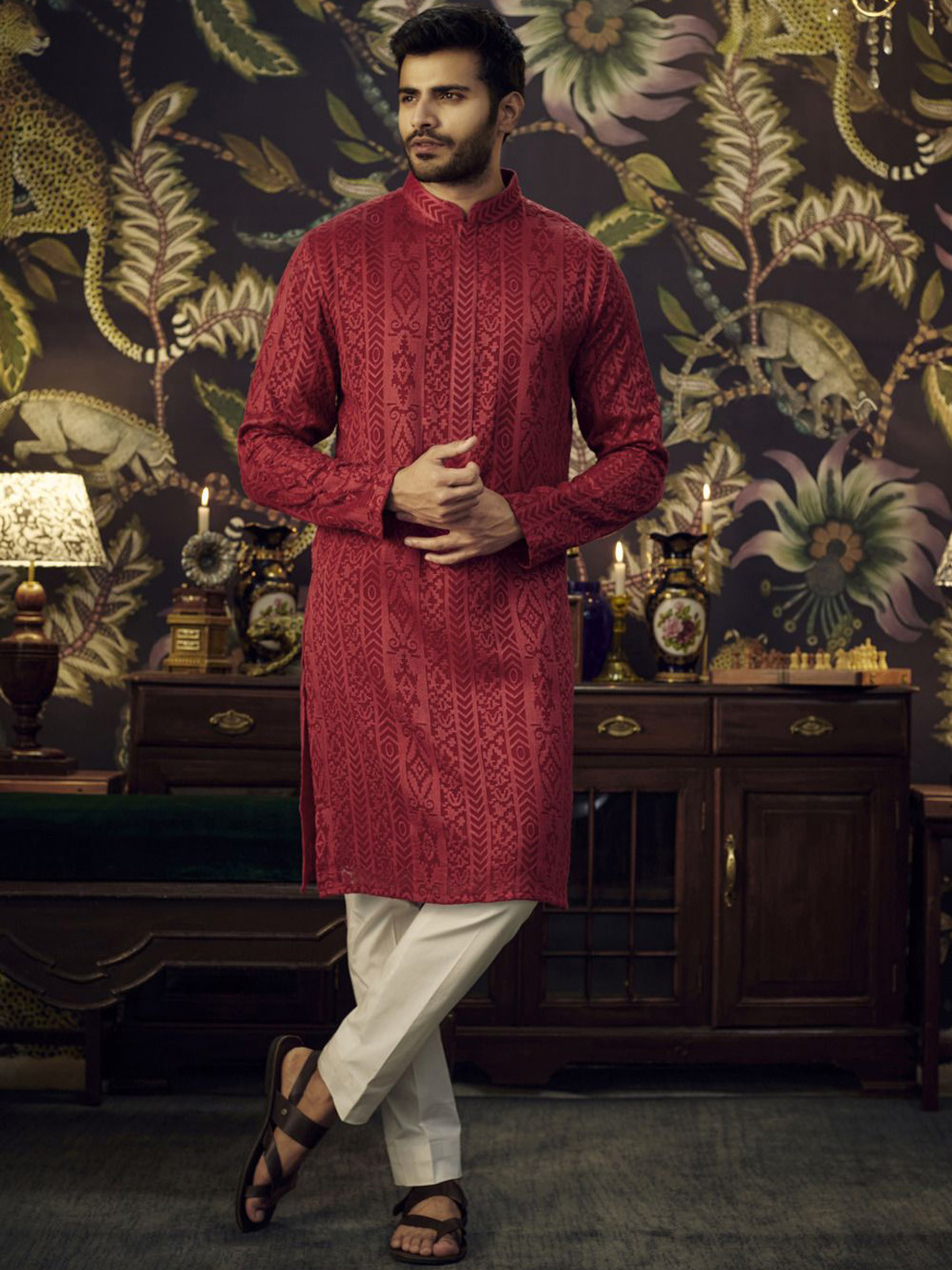 

KASBAH CLOTHING NISHCHAIY SAJDEH Ethnic Motifs Printed Georgette Straight Kurta, Maroon