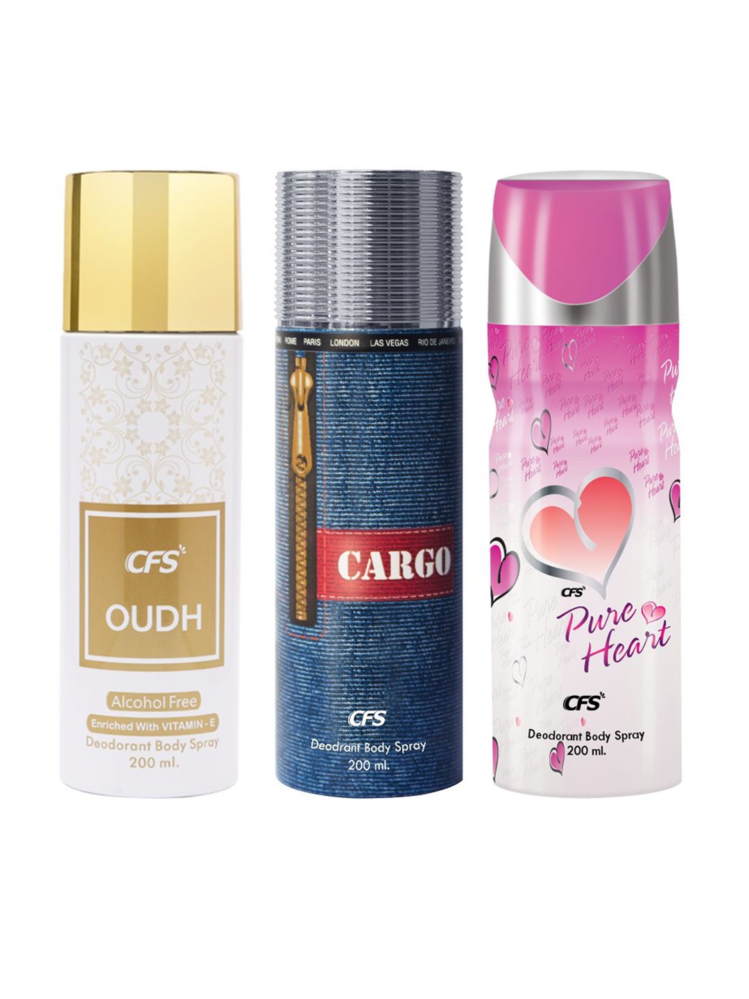 

CFS Set Of 3 Cargo, Oudh & Pure Heart Long Lasting Deodorant Body Spray - 200ml Each, White