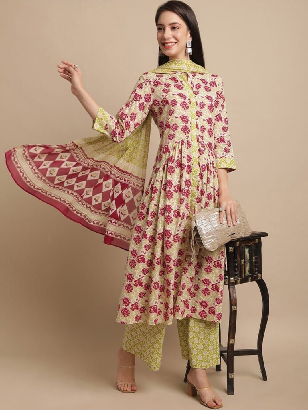 

KALINI Floral Printed Mandarin Collar Cotton Pleated A-Line Kurta With Dupatta, Green
