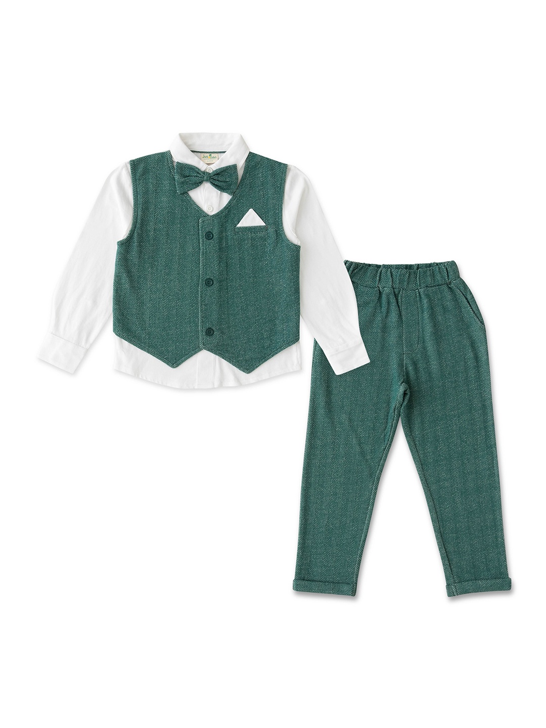 

JusCubs Boys Self Design Spread Collar Shirt With Trousers & Waistcoat, Green